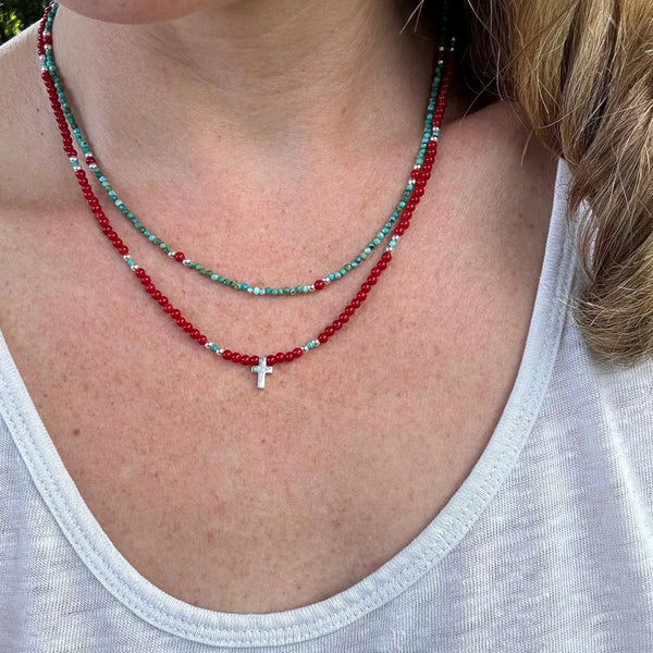 Handmade Coral Turquoise Beaded Cross Necklace, Southwestern Jewelry