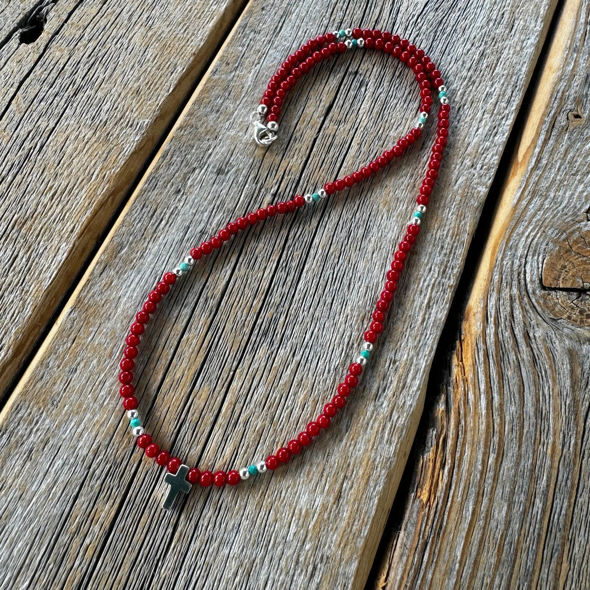 Handmade Coral Turquoise Beaded Cross Necklace, Southwestern Jewelry