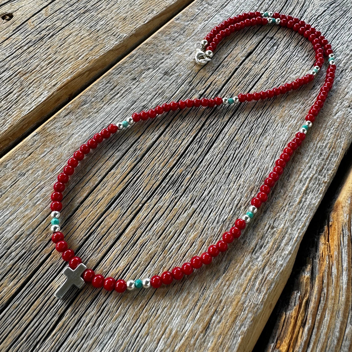 Handmade Coral Turquoise Beaded Cross Necklace, Southwestern Jewelry