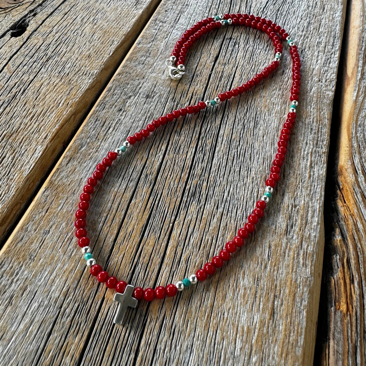Handmade Coral Turquoise Beaded Cross Necklace, Southwestern Jewelry