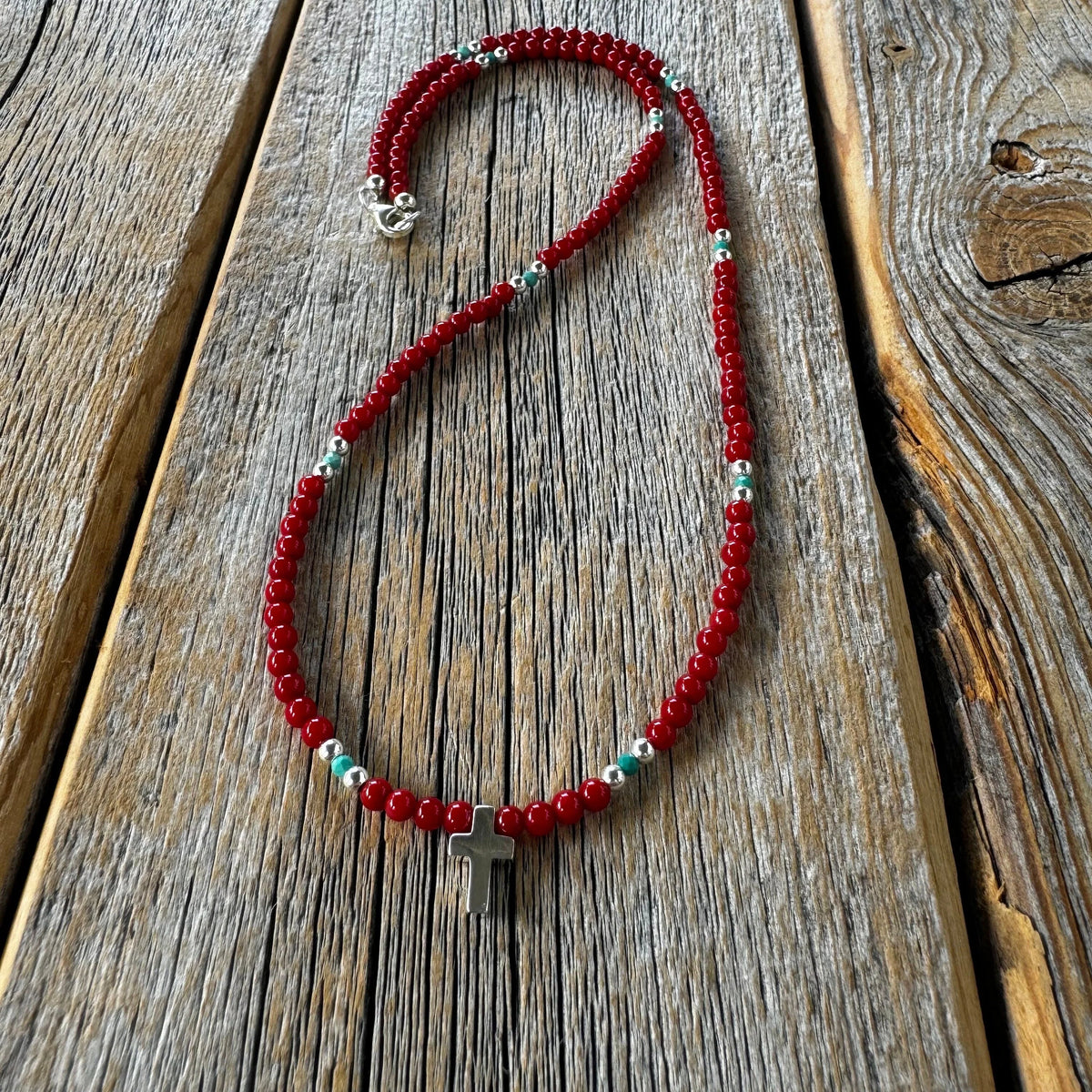 Handmade Coral Turquoise Beaded Cross Necklace, Southwestern Jewelry