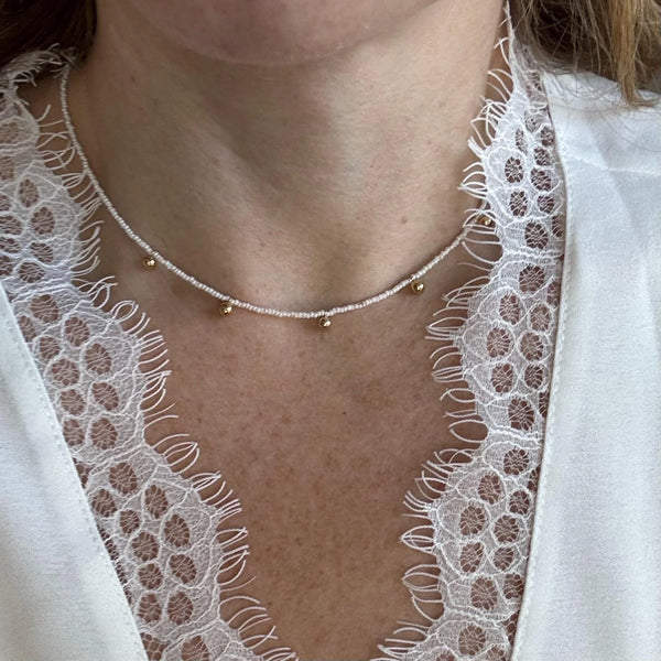 Handmade Dainty Beaded Necklace – 14K Gold Dangles, Czech Glass