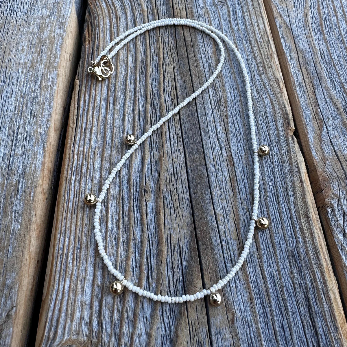 Handmade Dainty Beaded Necklace – 14K Gold Dangles, Czech Glass