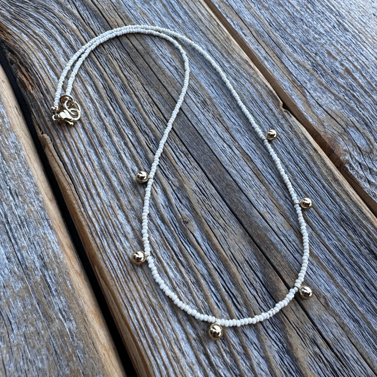 Handmade Dainty Beaded Necklace – 14K Gold Dangles, Czech Glass