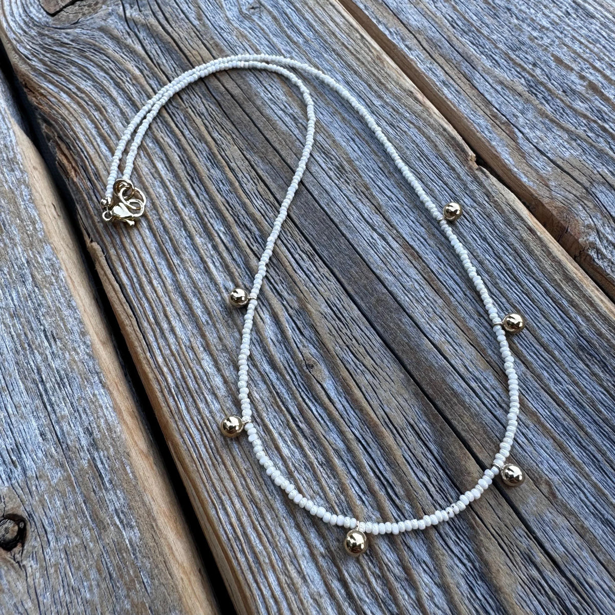 Handmade Dainty Beaded Necklace – 14K Gold Dangles, Czech Glass