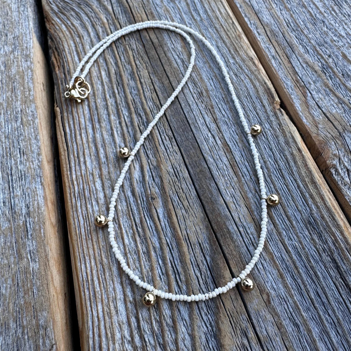 Handmade Dainty Beaded Necklace – 14K Gold Dangles, Czech Glass