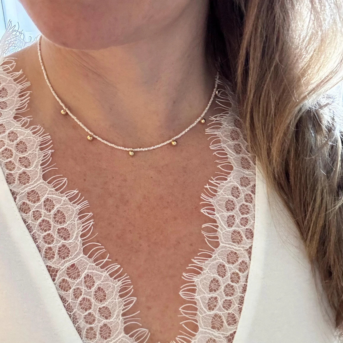 Handmade Dainty Beaded Necklace – 14K Gold Dangles, Czech Glass