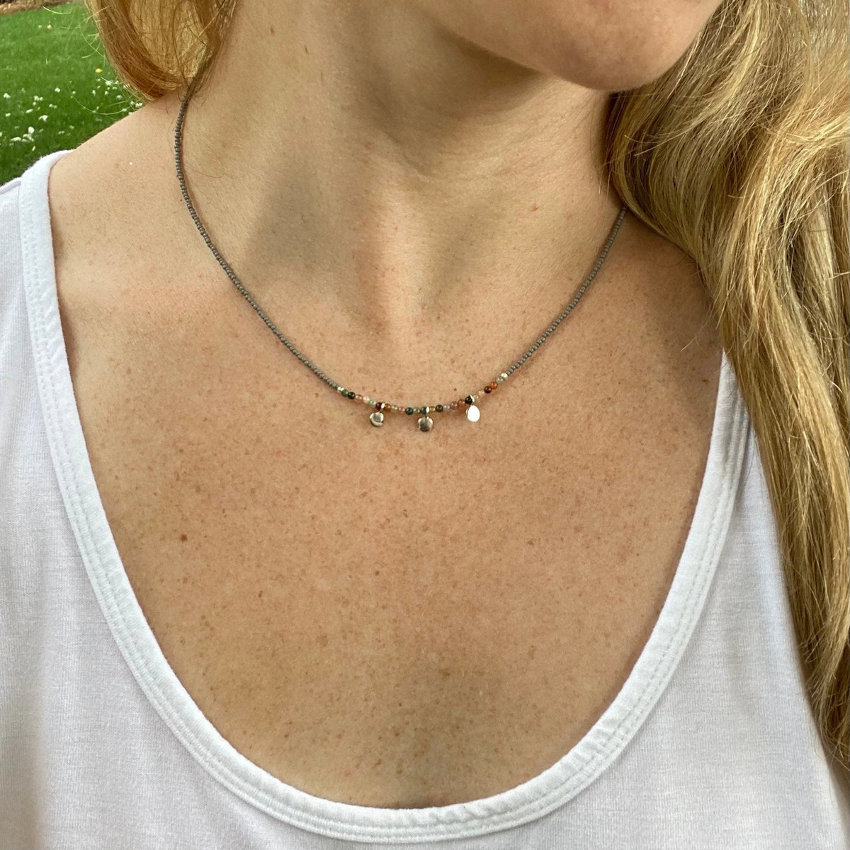 Handmade Jasper Beaded Necklace – Sterling Silver Dangles, Boho Choker