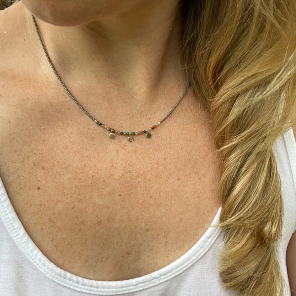 Handmade Jasper Beaded Necklace – Sterling Silver Dangles, Boho Choker