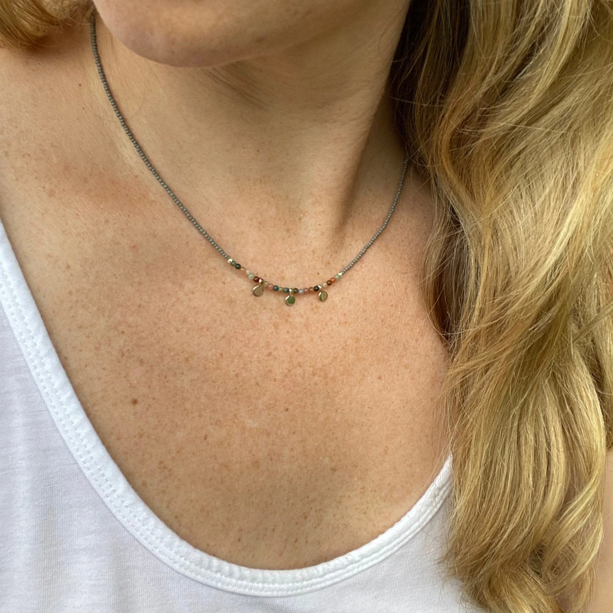 Handmade Jasper Beaded Necklace – Sterling Silver Dangles, Boho Choker