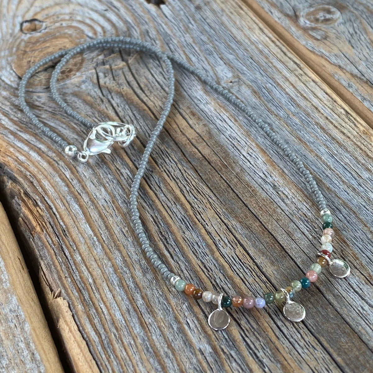Handmade Jasper Beaded Necklace – Sterling Silver Dangles, Boho Choker