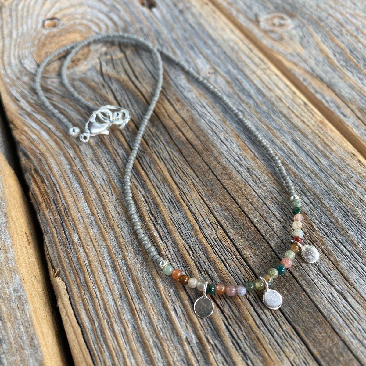 Handmade Jasper Beaded Necklace – Sterling Silver Dangles, Boho Choker