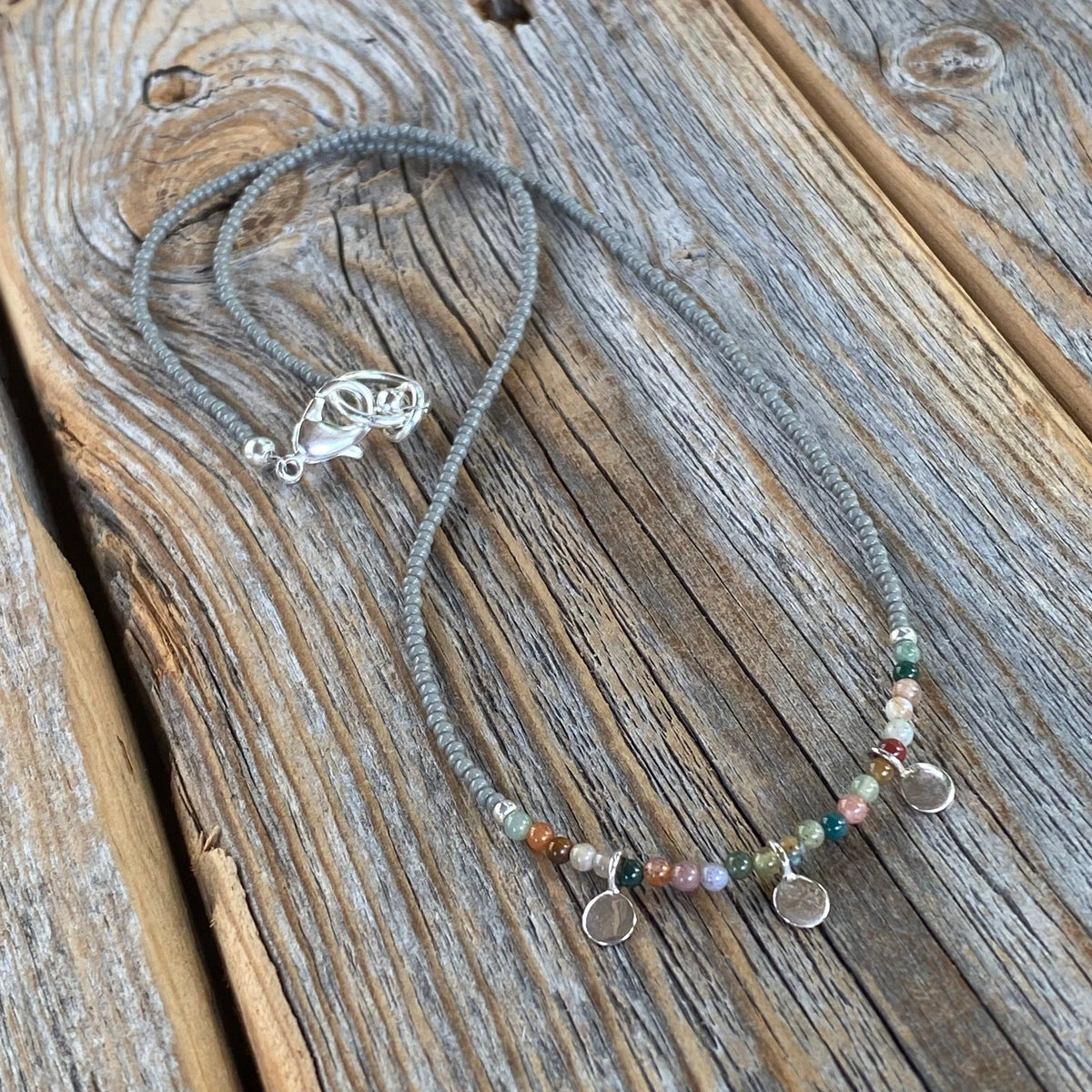 Handmade Jasper Beaded Necklace – Sterling Silver Dangles, Boho Choker