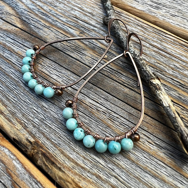 Handmade Larimar Teardrop Earrings, Copper Boho Dangle