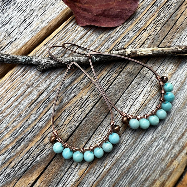 Handmade Larimar Teardrop Earrings, Copper Boho Dangle