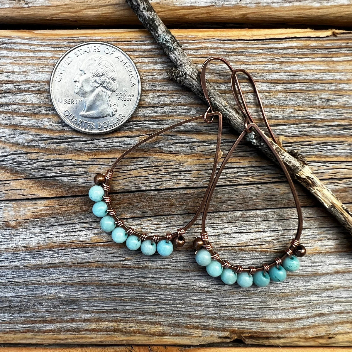 Handmade Larimar Teardrop Earrings, Copper Boho Dangle