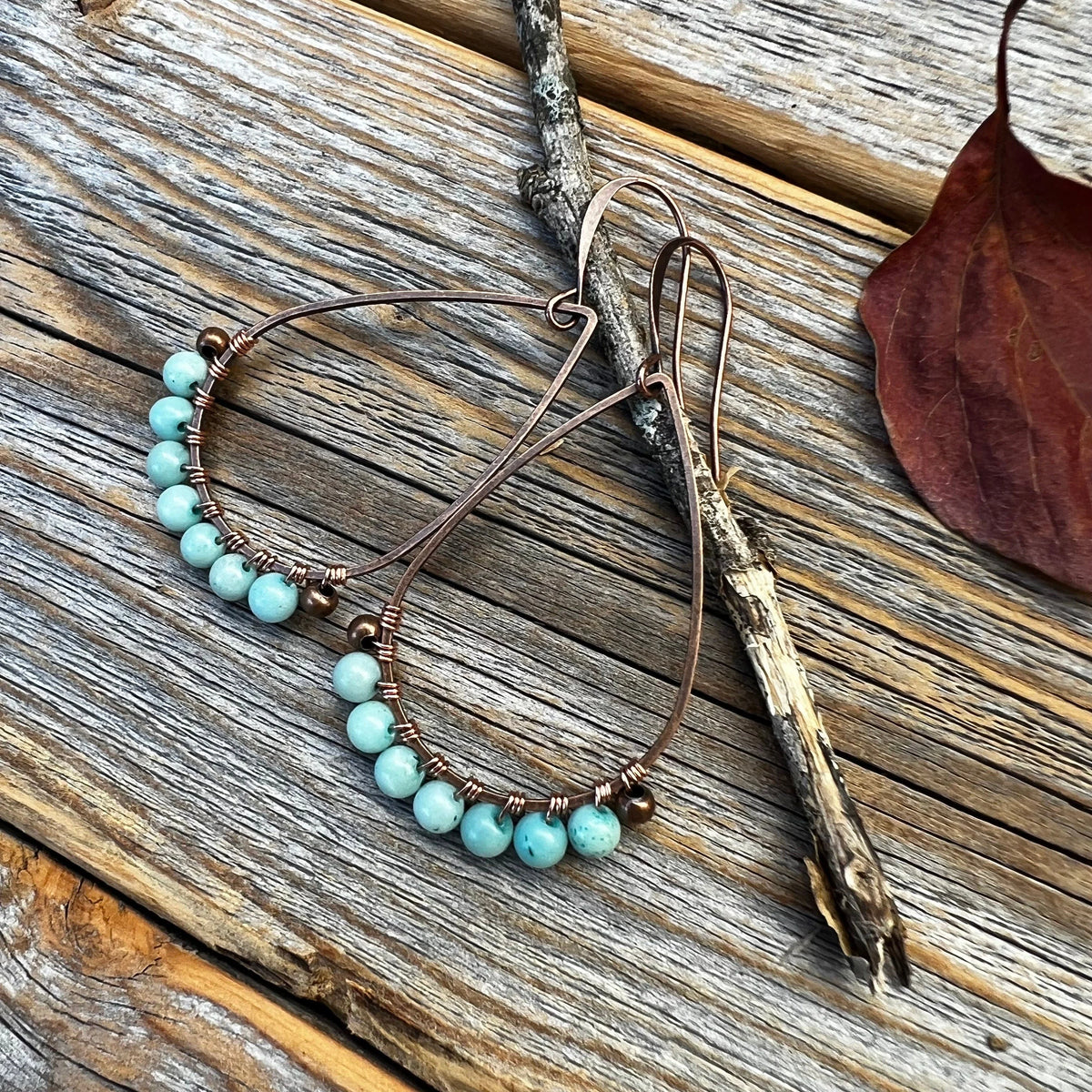 Handmade Larimar Teardrop Earrings, Copper Boho Dangle