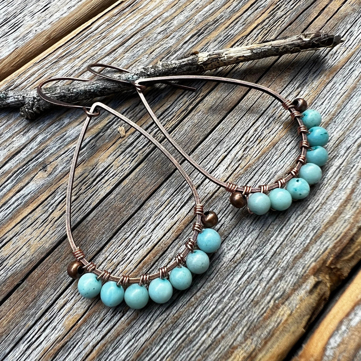 Handmade Larimar Teardrop Earrings, Copper Boho Dangle