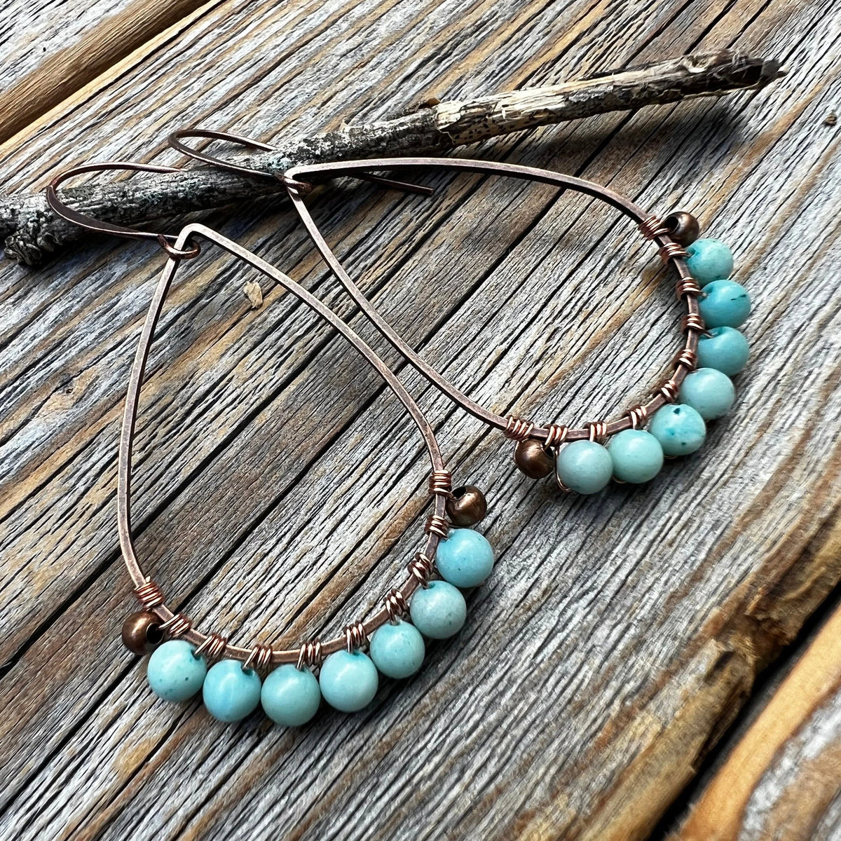 Handmade Larimar Teardrop Earrings, Copper Boho Dangle