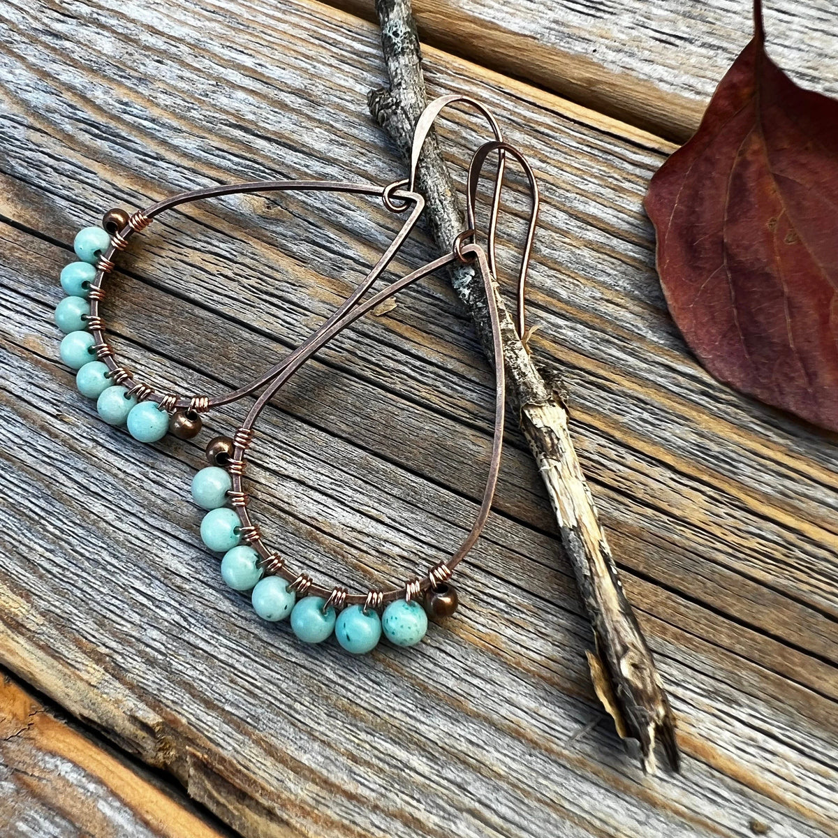 Handmade Larimar Teardrop Earrings, Copper Boho Dangle
