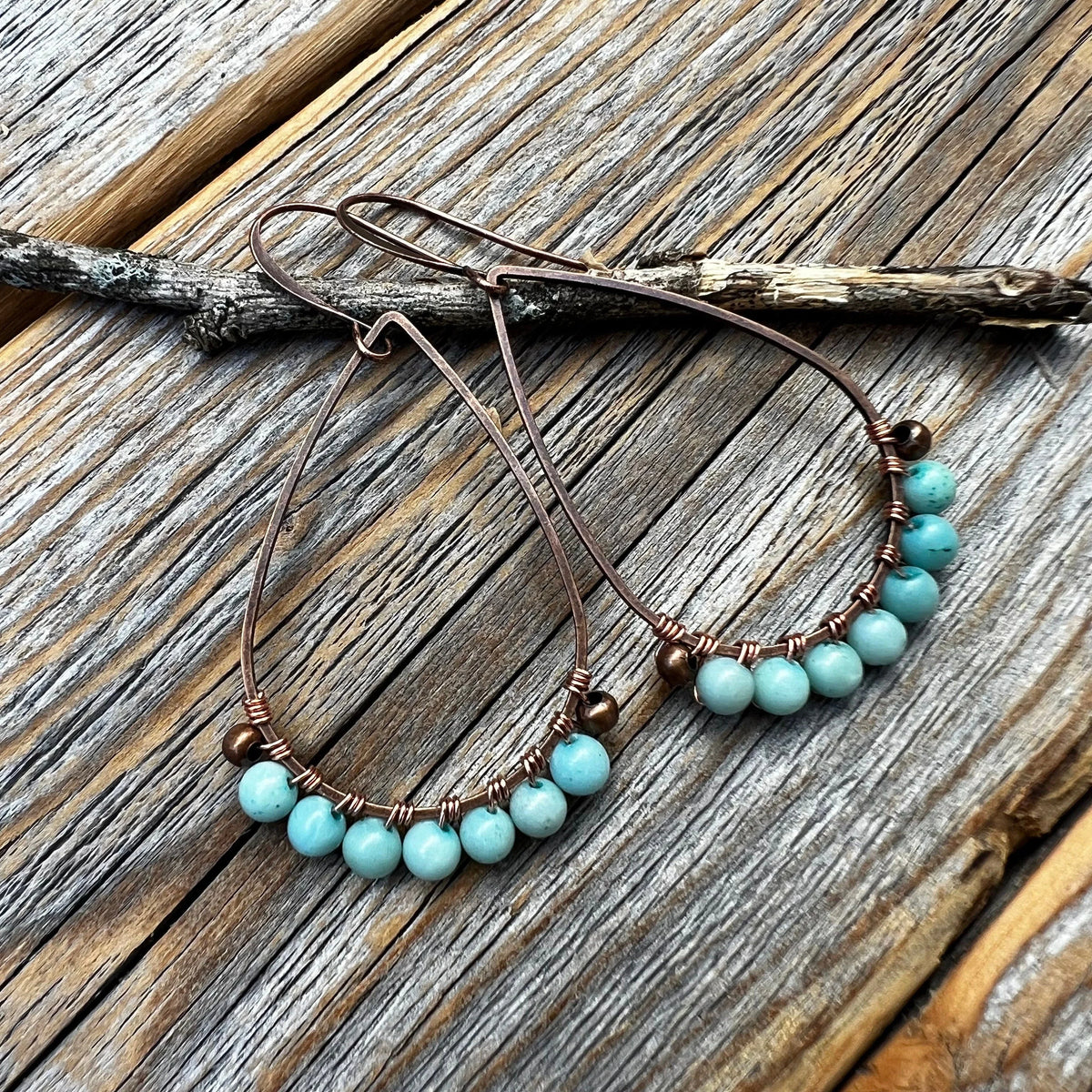 Handmade Larimar Teardrop Earrings, Copper Boho Dangle