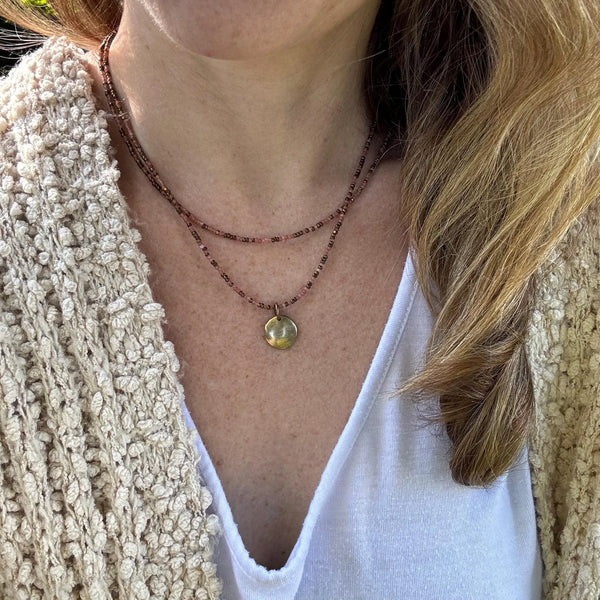 Handmade Layered Necklace - Pink Czech Glass Beads, Bronze Pendant
