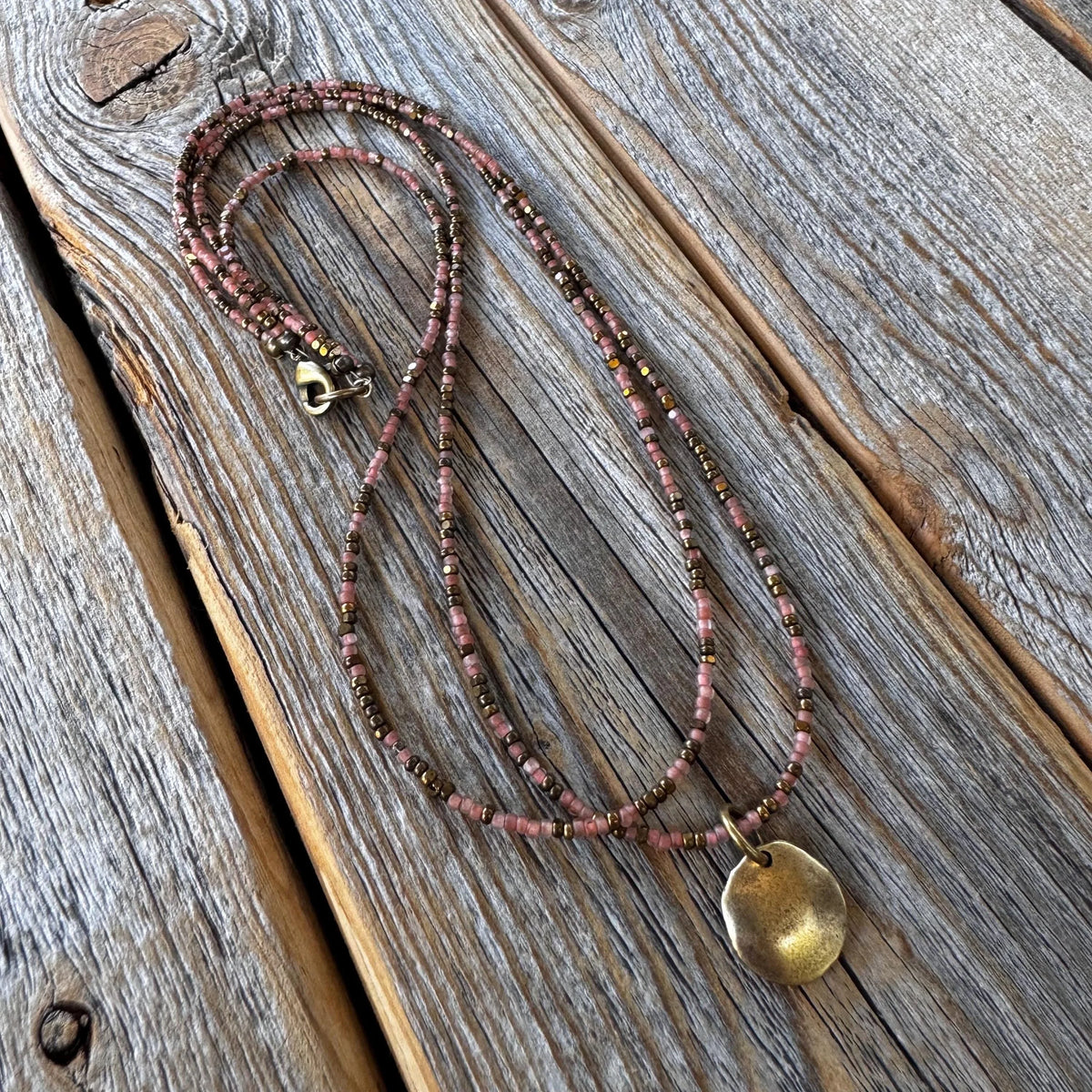 Handmade Layered Necklace - Pink Czech Glass Beads, Bronze Pendant