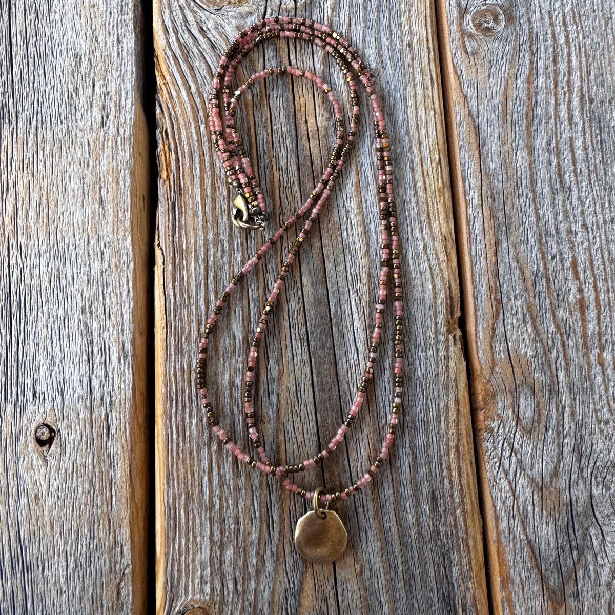 Handmade Layered Necklace - Pink Czech Glass Beads, Bronze Pendant