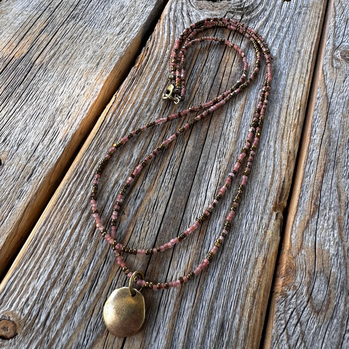 Handmade Layered Necklace - Pink Czech Glass Beads, Bronze Pendant