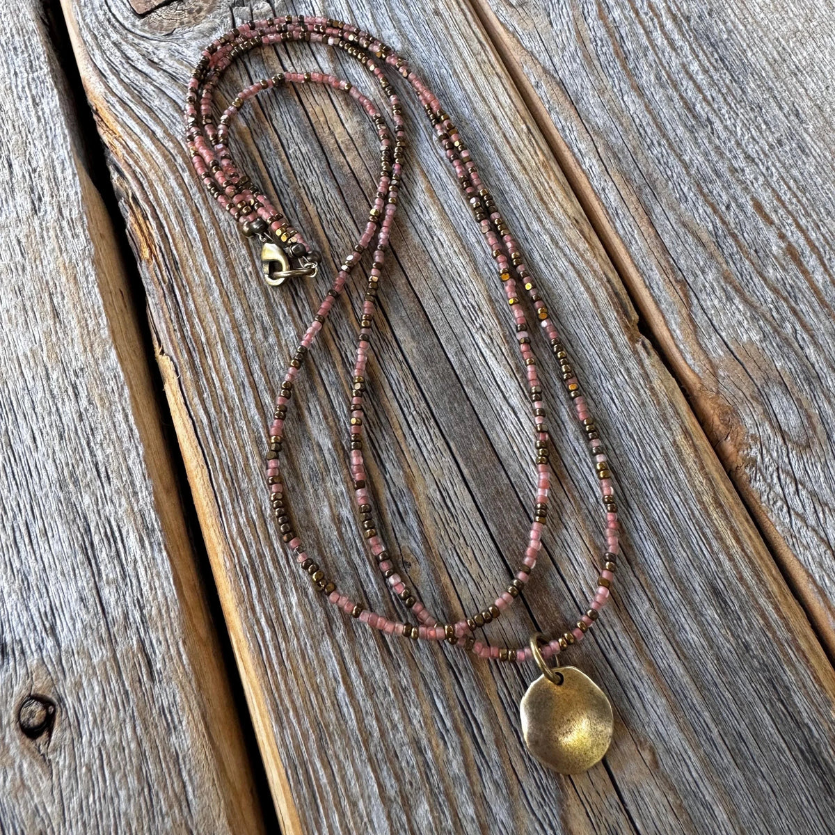 Handmade Layered Necklace - Pink Czech Glass Beads, Bronze Pendant