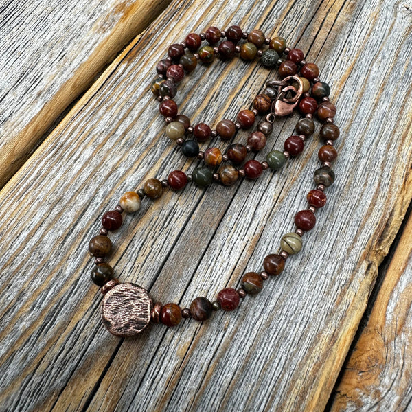 Handmade Red Creek Jasper Beaded Necklace, Copper Accents, Boho Jewelry