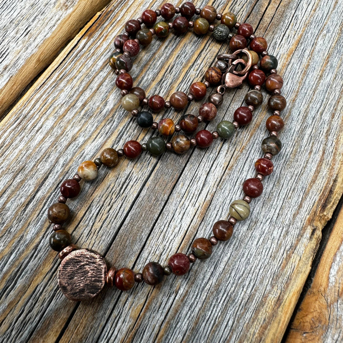 Handmade Red Creek Jasper Beaded Necklace, Copper Accents, Boho Jewelry