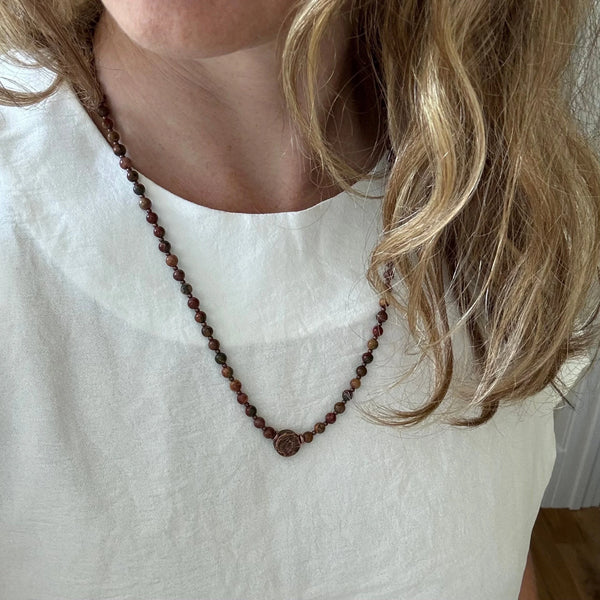 Handmade Red Creek Jasper Beaded Necklace, Copper Accents, Boho Jewelry