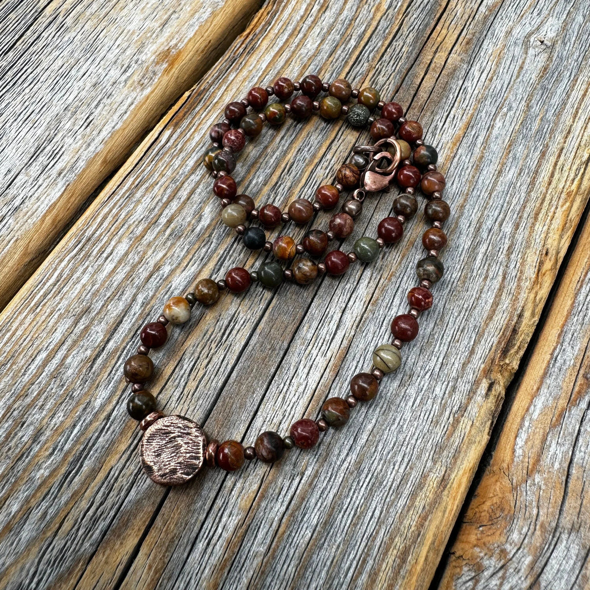 Handmade Red Creek Jasper Beaded Necklace, Copper Accents, Boho Jewelry