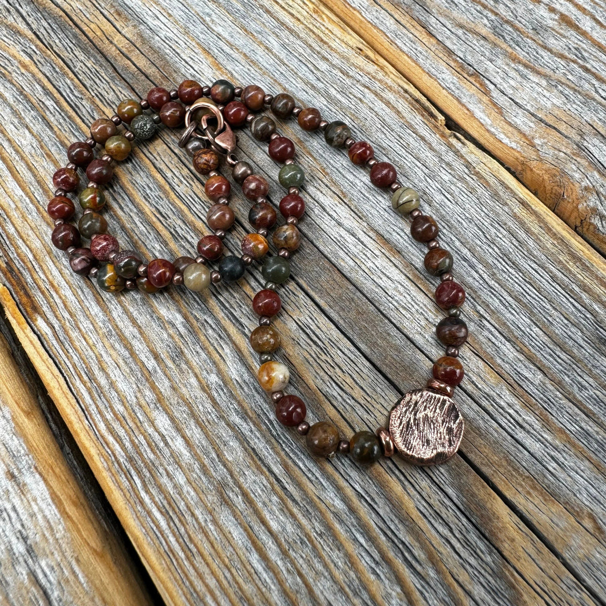 Handmade Red Creek Jasper Beaded Necklace, Copper Accents, Boho Jewelry