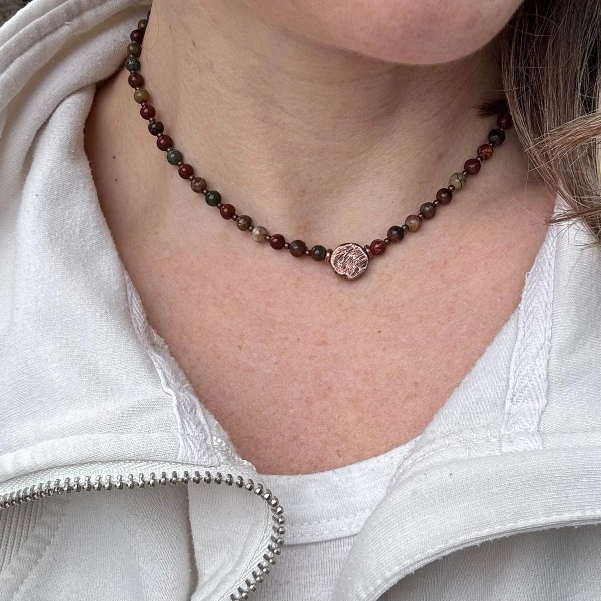 Handmade Red Creek Jasper Beaded Necklace, Copper Accents, Boho Jewelry