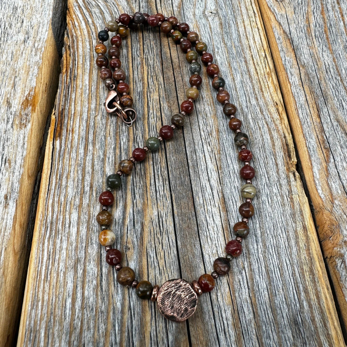 Handmade Red Creek Jasper Beaded Necklace, Copper Accents, Boho Jewelry