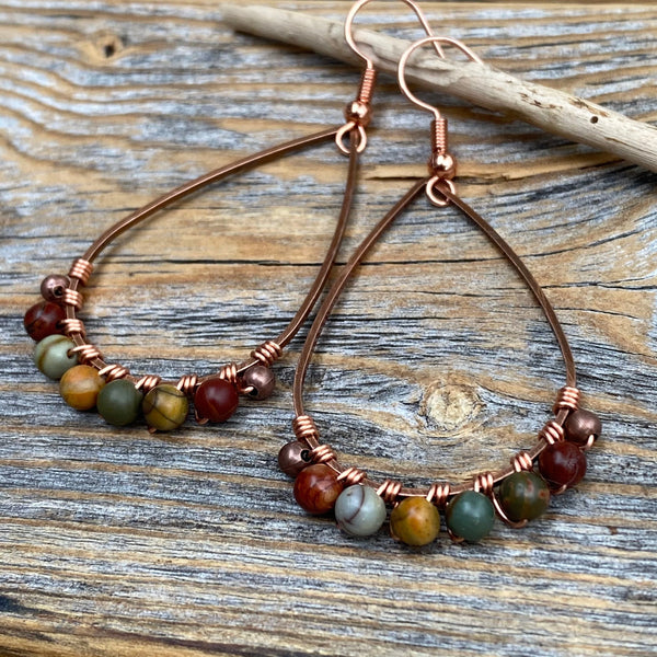 Handmade Red Creek Jasper Earrings – Copper Boho Dangle
