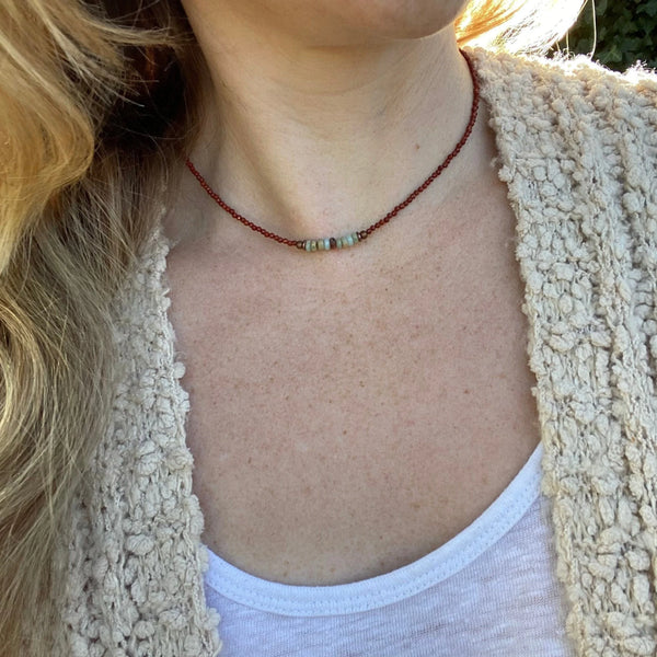 Handmade Red Jasper African Opal Beaded Necklace, Boho Southwestern Jewelry