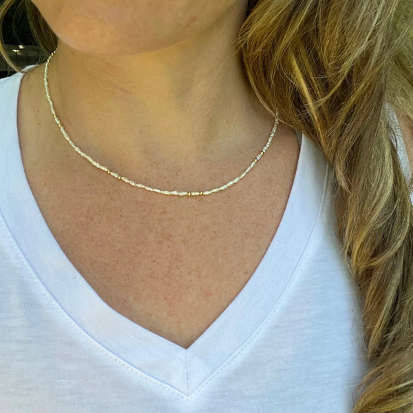 Handmade Rice Pearl Choker, Gold Accent Beaded Necklace