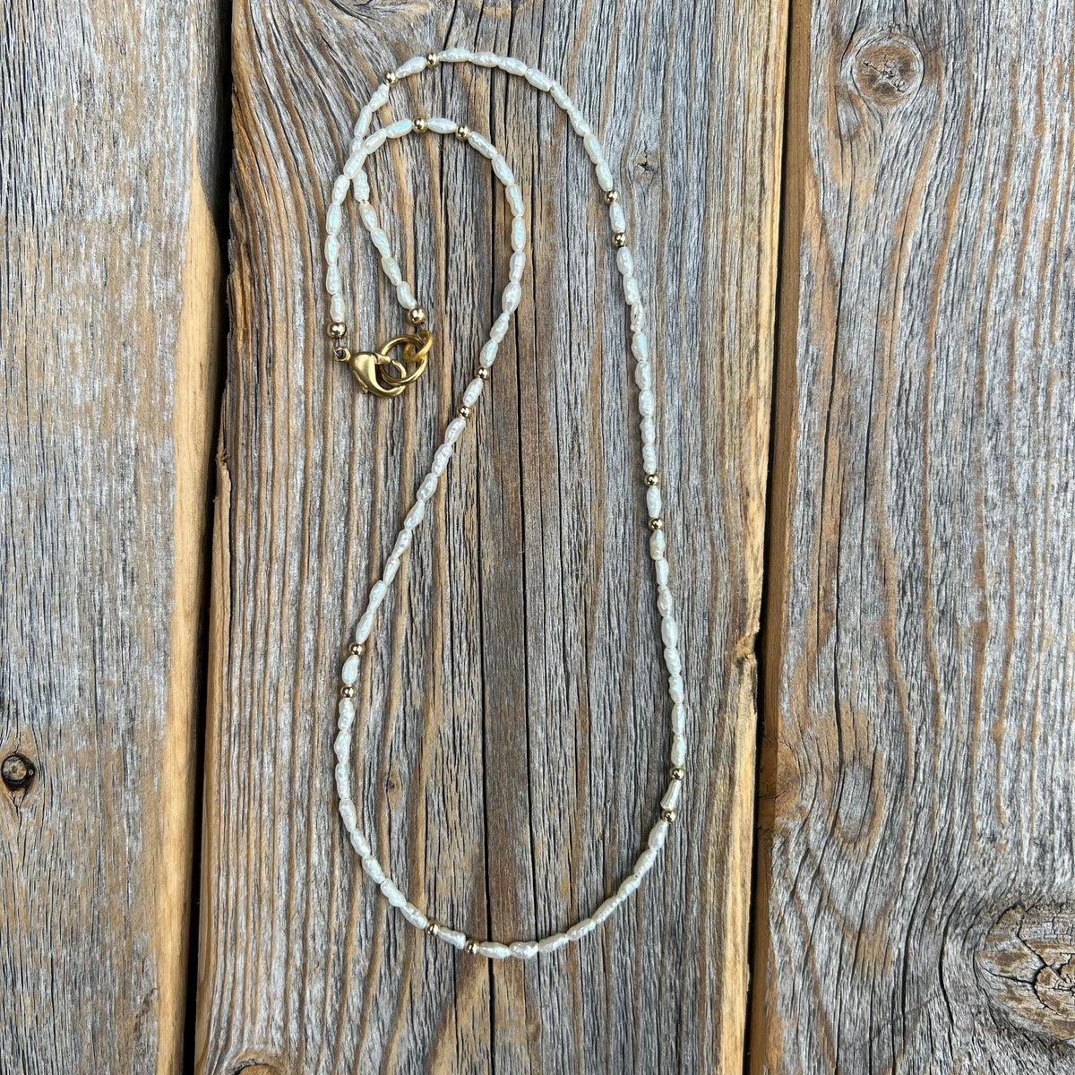 Handmade Rice Pearl Choker, Gold Accent Beaded Necklace