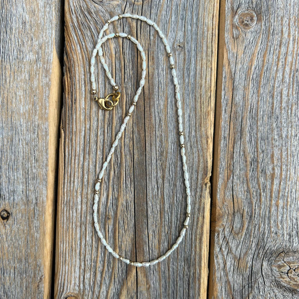 Handmade Rice Pearl Choker, Gold Accent Beaded Necklace