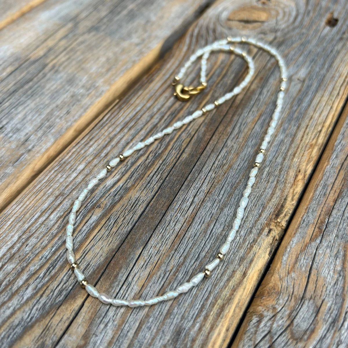 Handmade Rice Pearl Choker, Gold Accent Beaded Necklace