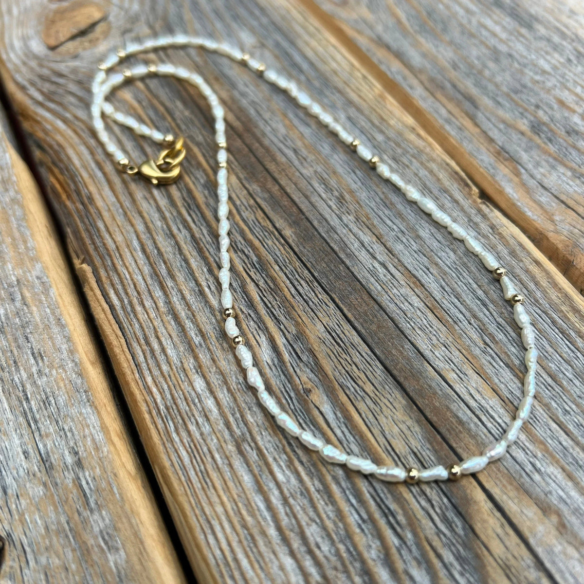 Handmade Rice Pearl Choker, Gold Accent Beaded Necklace