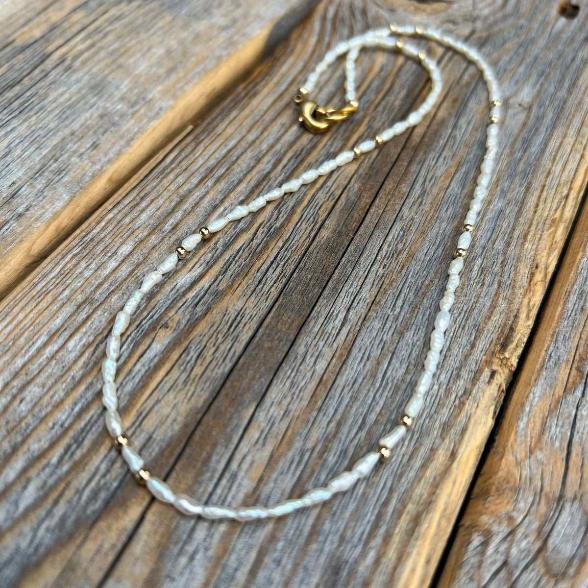 Handmade Rice Pearl Choker, Gold Accent Beaded Necklace