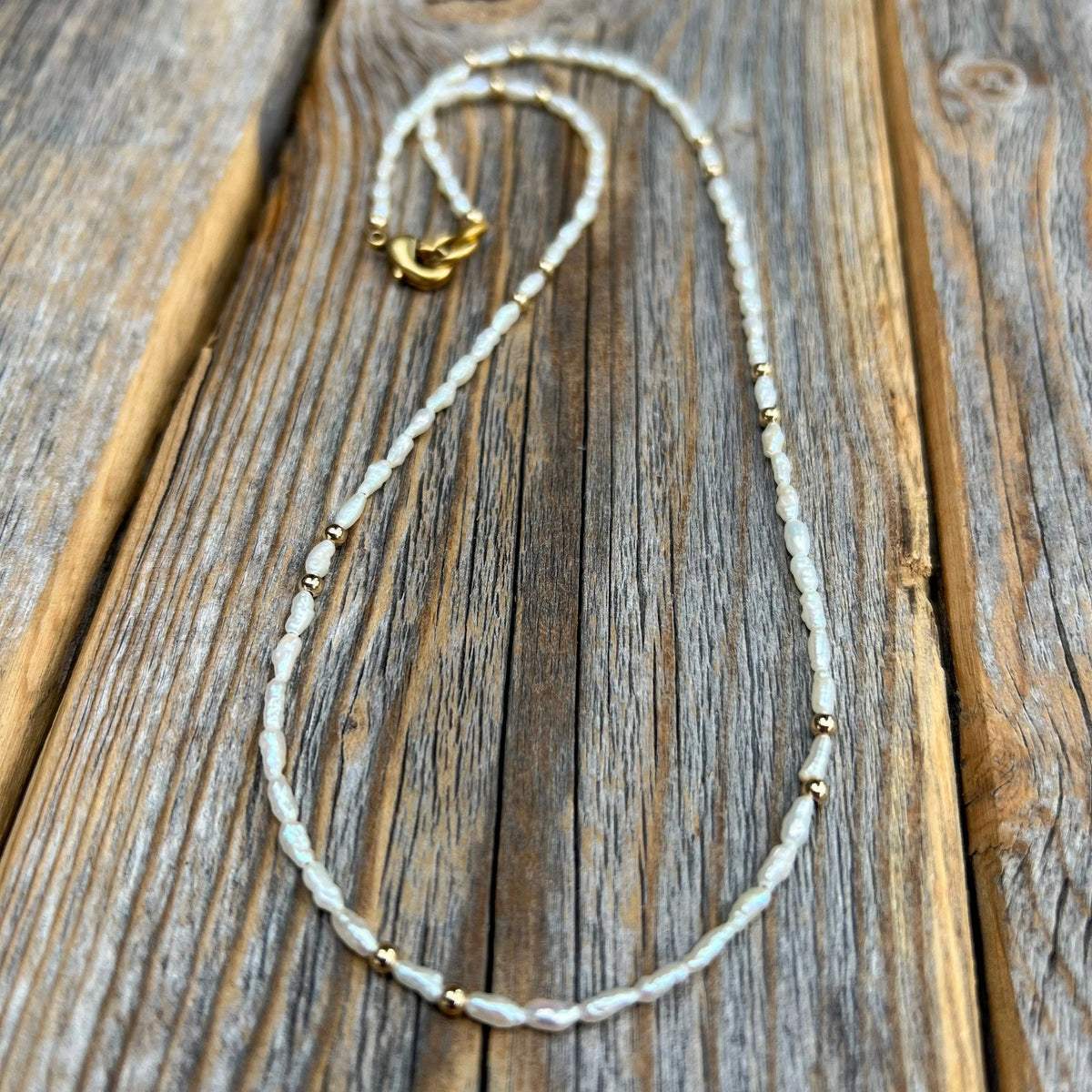 Handmade Rice Pearl Choker, Gold Accent Beaded Necklace