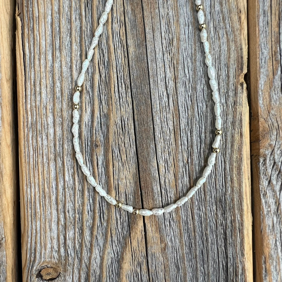 Handmade Rice Pearl Choker, Gold Accent Beaded Necklace