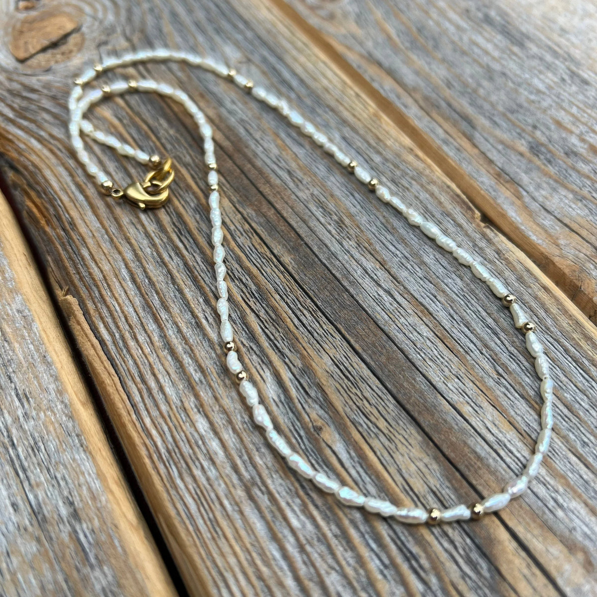 Handmade Rice Pearl Choker, Gold Accent Beaded Necklace
