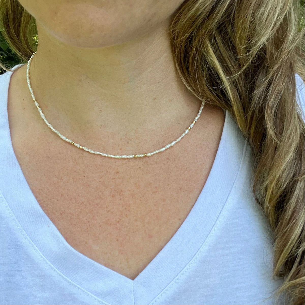 Handmade Rice Pearl Choker, Gold Accent Beaded Necklace