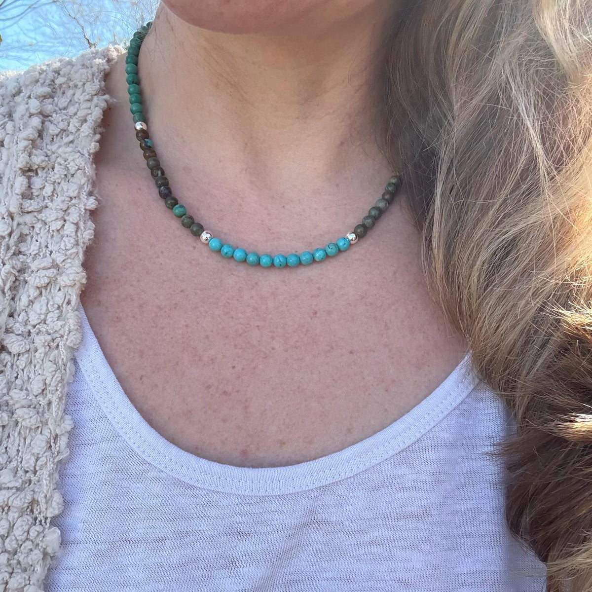 Handmade Turquoise Beaded Necklace – Sterling Silver, Western Boho Jewelry